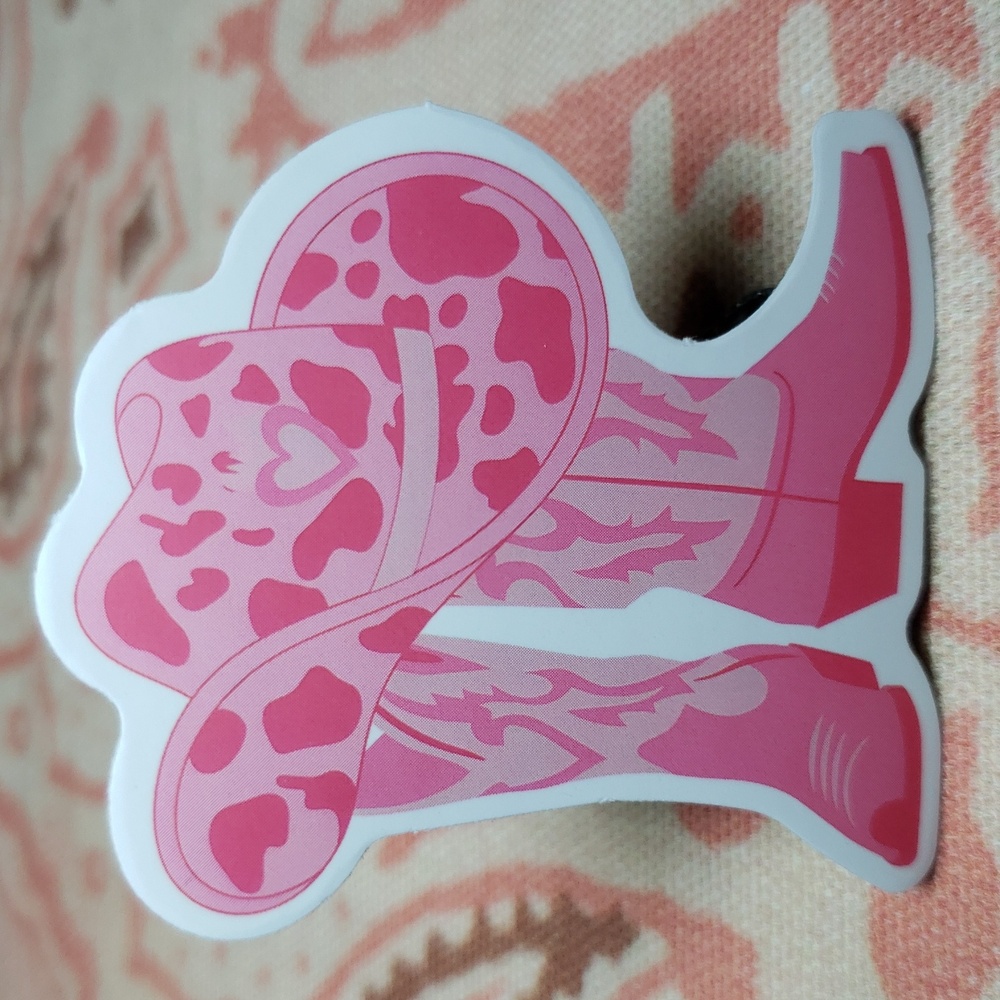 Pink Cowgirl Boots With Cowgirl Hat Sticker Cow Print Western Hat Sticker (i)